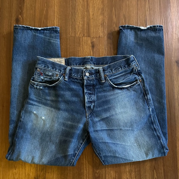 VTG Rare Button Fly Polo Ralph Lauren Men's Distressed Denim Jeans Leather Label